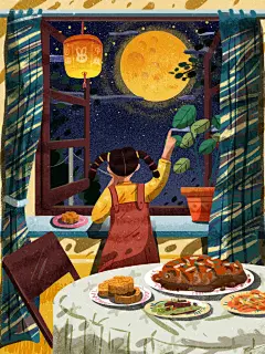 女孩卡通中秋节插画