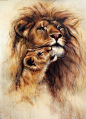 A beautiful airbrush painting of a loving lion  and her baby cub