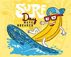 香蕉,乐趣,卡通,进行中,水果,可爱的,运动,冲浪,复古