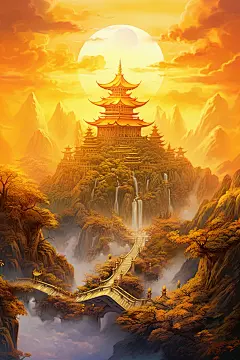 金色神话建筑古风神仙洞府原画
