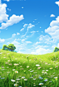 the green grass of the meadow against a blue sky, in the style of whimsical anime, 32k uhd, flower and nature motifs, realistic and hyper-detailed renderings, pastoral charm, soft and dreamy atmosphere