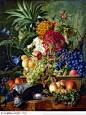 国外大师花卉水果静物写实油画作品--葡萄、菠萝和鸡冠花