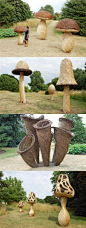 英国伦敦裘园巨型蘑菇雕塑，艺术家通过咨询裘园（英国皇家植物园）的真菌学家来研究不同真菌的种类以及捕捉其特点。这些钢架和柳木雕刻结构刻画了大量的孢子转播系统，并且忠实的还原了真菌原本的结构