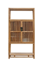 This is simple design bookcase display cabinet using natural raw wood. Top and bottom shelves are opend for displaying. The center is decorated with shutter bar style doors. Dimensions: w39.25" x d15.
