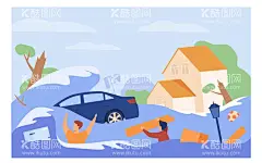 自然灾害洪水插画设计  - 源文件下载【酷图网】自然灾害,洪水,台风,灾难,扁平化,插画,插图,水灾