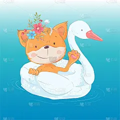 贺卡或公主的插图儿童的房间-一个可爱的狐狸在一个充气的天鹅形式的圆圈，矢量插图卡通风格