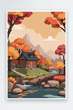 卡通秋季山间小木屋景色插画