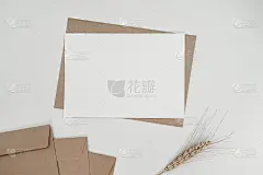 空白白纸在棕色纸信封与大麦干花在白布。模拟水平空白贺卡。顶视图的工艺信封上的白色背景。平把极简主义