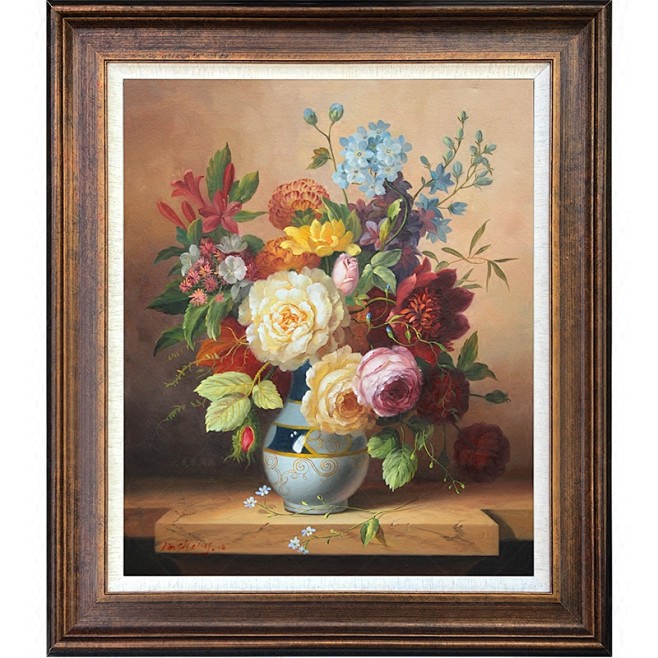 大美术纯手绘写实花卉油画装饰画玄关端景壁挂画欧美式牡丹花油画淘宝