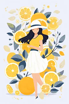 女生橘子扁平风水果女孩人像插画