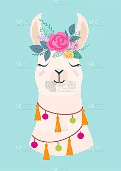 矢量插图可爱的卡通羊驼与花。时尚的绘画为生日贺卡，聚会邀请，海报和明信片。
