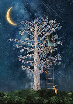 想象中的智慧树，挂满书本一样的果实，摘下就能轻松解惑 ~ 来自韩国插画家Aeppol 的「森林女孩日记-2019」系列插画。