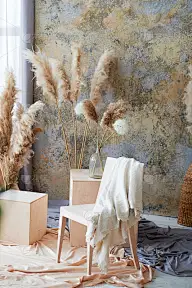 室内光线充足，有木椅、立方体和褶皱织物。一个创造性的车间。用干燥的潘帕斯草装饰