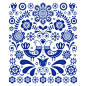 斯堪的纳维亚可爱的民间艺术载体装饰用鸟和花，斯堪的纳维亚海军蓝花卉图案图片下载