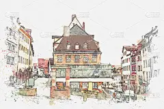 传统,草图,绘画插图,建筑,德国,纽伦堡,水彩画,平衡折角灯,贺卡,著名景点