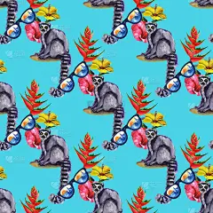 水彩热带野生动物无缝图案。手绘丛林自然，狐猴，木槿花插画。印刷纺织品，布料，墙纸，剪贴簿