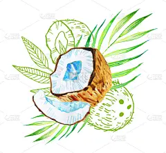 用椰子和树叶制成的混合物。手绘水彩插图一个doutline图形
