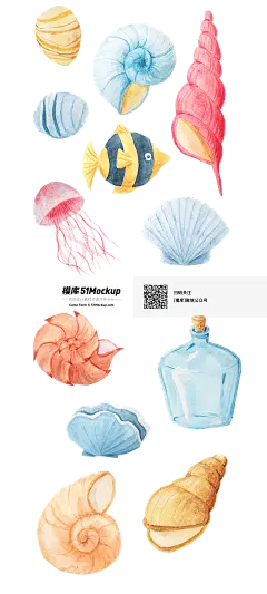 PS水彩手绘可爱卡通海洋风海底世界png鲸鱼水母_平面素材_PNG免扣素材_模库(51Mockup)