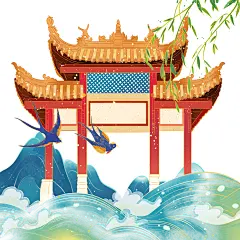 中国风手绘亭阁城市地标名胜古迹建筑宝塔景点插画PSD设计素材(14)