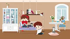 扁平风七夕情人节情侣室内与猫共度佳节插画
