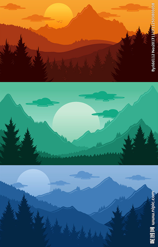 三幅手绘彩色自然风光矢量素材