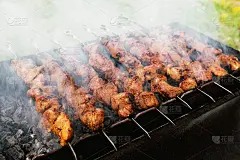 美味的烤肉串与猪肉在火盆上与烟