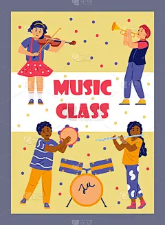 儿童音乐课卡通矢量海报。黑人和白人男孩学习拉小提琴、吹小号和吹长笛。