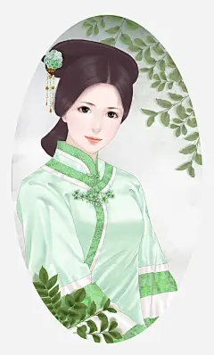 美女高清素材 古代 女人 手绘 清朝 素雅 绿叶 免抠png 设计图片 免费下载