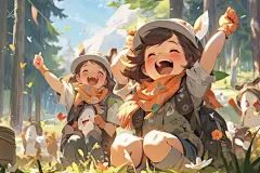 孩春游笑脸儿童露营插画图片