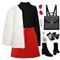 A fashion look from January 2017 featuring dkny sweater, white fur jacket and red a line skirt. Browse and shop related looks.