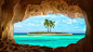 小岛屿棕榈树，岩洞，大海风景桌面壁纸