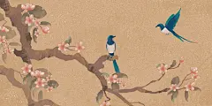 古风桃花喜鹊中国风花鸟画手绘插画海报背景古风中国风唯美植物