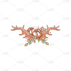 鹿角与玫瑰和植物，手绘花卉组成与鹿角矢量插图上的白色背景