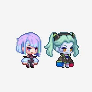two pixel characters, one with pink hair and the other wearing blue ...