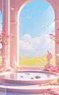 a beautiful room with columns and flowers, in the style of pastel-colored landscapes, minimalist stage designs, lifelike renderings, cartoon mis-en-scene, storybook-like, pink, resin