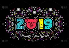 2019年新年贺卡。彩色数字2019，猪的图标，时尚的漩涡在黑暗的背景。细线艺术彩色设计，圣诞贺卡。