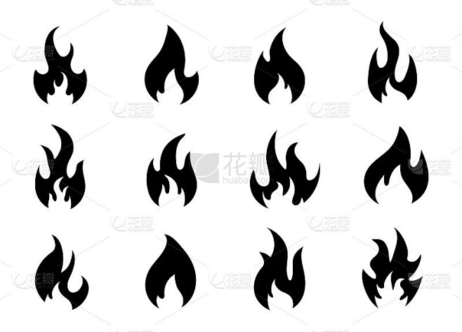 Fire flame black icons set. Different form fire si