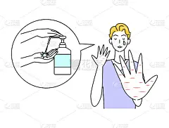 皮肤护理可爱的男人伤心与手粗糙的皮肤与酒精消毒插画简单向量皮肤护理。一个可爱的家伙，他很伤心，因为他