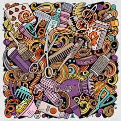 发廊手绘矢量涂鸦插画。发型设计的海报。理发店的元素和对象卡通背景。鲜艳的色彩，有趣的画面。所有项目都