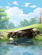 a landscape scene with a stone log in the water, in the style of vibrant stage backdrops, pastoral charm, light white and light brown, light green and sky-blue, simple, organic material, i can't believe how beautiful this is
