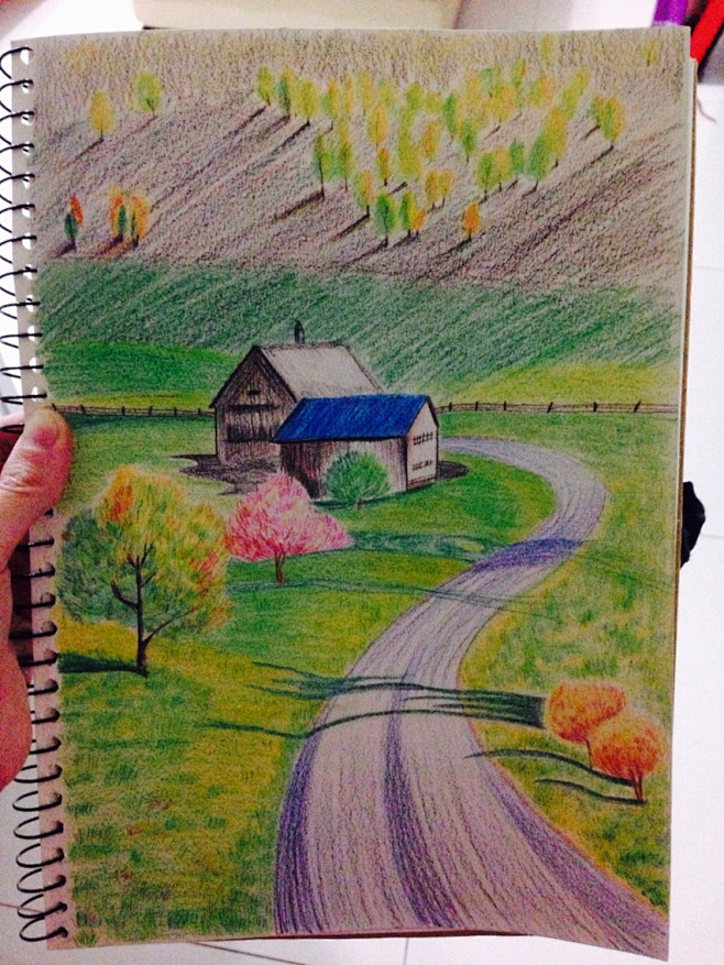 彩铅田园风景画