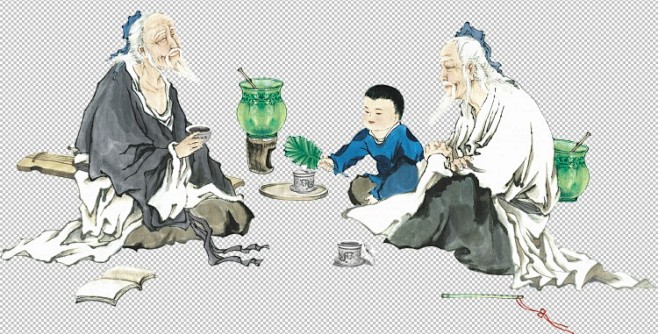 中国风复古国画工笔画老人小孩白酒传统美食...