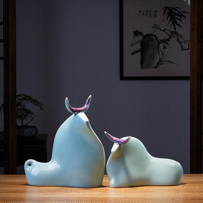 景德镇创意新中式陶瓷动物牛摆件北欧风样板...