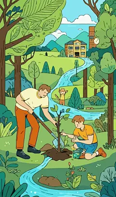 植树节父子种树矢量插画图形元素