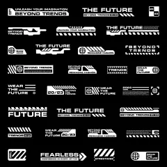 This may contain: some white and black stickers that are on a black background with the words future written below them