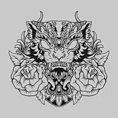 纹身和 t 恤设计黑色和白色手绘猫和玫瑰雕刻装饰