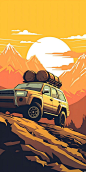 This may contain: a car with luggage on the roof is driving down a dirt road in front of mountains