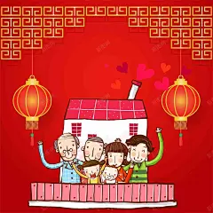春节回家团聚一家人老人小孩子灯笼海报背景矢量图 灯笼 矢量图 老人 背景 设计图片 免费下载 页面网页 平面电商 创意素材