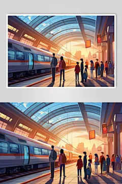 AI数字艺术新年春节春运高铁站人物插画