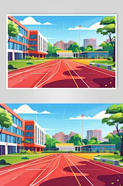 AI数字艺术扁平风校园球场操场插画-众图网